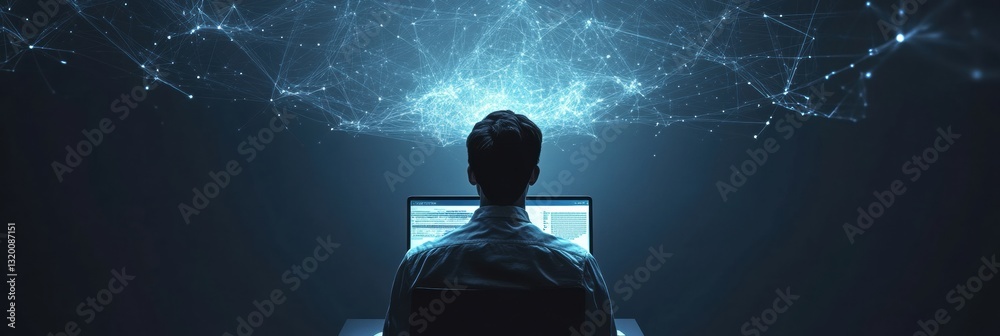 Poster Student engages in virtual learning with AI technology in a modern workspace at night amidst interconnected digital networks