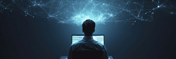 Student engages in virtual learning with AI technology in a modern workspace at night amidst interconnected digital networks