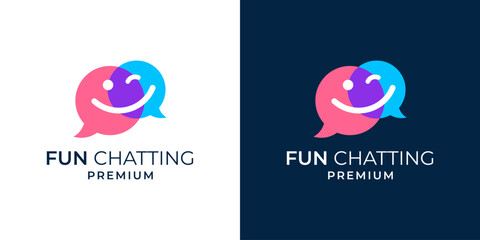 Smiling chat logo. Funny chat logo design vector illustration template. Chat bubble logo with smiling face symbol illustration. Vector logo design of people, talking, fun, chat, kids, education.