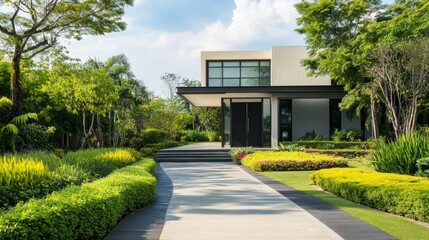 Fototapeta premium Modern Luxury Home Entrance with Clean Lines, Surrounded by Greenery, Under a Clear Blue Sky, Minimalistic and Serene Design. 