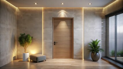 Modern minimalist hallway interior design with wooden door, potted plants, and subtle lighting