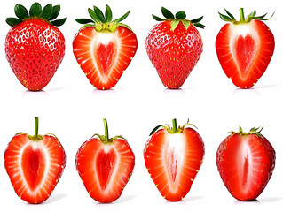 A Collection of Eight Vibrant Red Strawberries, Four Whole and Four Halved, Isolated on a White Background, Displaying Juicy, Ripe Detail.