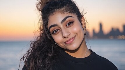 Fototapeta premium A woman with dark hair and brown eyes is smiling