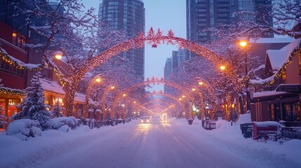 Obraz premium Festive Winter Street Scene Illuminated With Christmas Lights