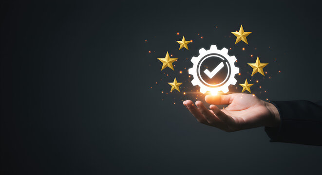 hand presenting a luminous gear and checkmark icon, embodying certification, excellence, and high standards amidst golden sparkles."