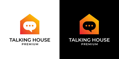 House home chat logo design vector illustration template. Modern minimalist house logo with chat or talk symbol illustration. Vector logo design of home, house, chat, talk, conversation, real estate.