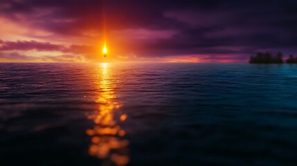 Obraz premium Serene sunset over tranquil waters with reflections and distant silhouettes of trees