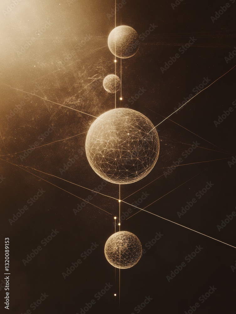 Poster Multiple spheres connected by light beams represent unique virtual worlds in a cosmic landscape