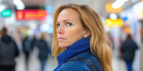 A woman with long brown hair and blue scarf
