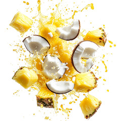 Pineapple Chunks and Lemon Splash Isolated on Transparent Background