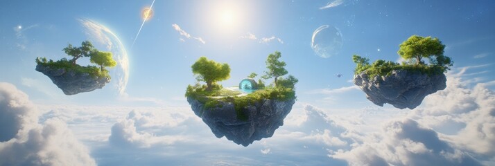 Floating islands connected by portals symbolize gateways to different virtual worlds in a stunning metaverse landscape under a bright sky