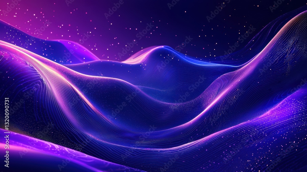Sticker deep purple backdrop with neon geometric shapes in a pulsating wave pattern
