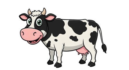 Fototapeta premium A vector cartoon black and white cow, isolated on a white background, representing dairy products, farming, agriculture, and rural life in a playful style.