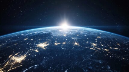 Obraz premium Night view of planet Earth showcasing vibrant light lines representing global connections and communication technologies