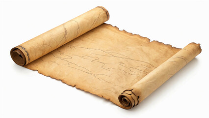 aged, unrolled paper scroll with a textured surface and frayed edges, casting a shadow on a white background.