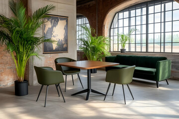 Sunlit Interior Design:  Green Chairs Surround a Wooden Table, Accentuated by Lush Potted Plants and a World Map, in a Loft Setting.