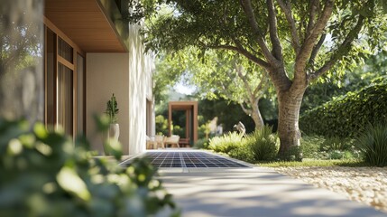 Fototapeta premium Modern house with solar panels, showcasing sustainable living in a clean, contemporary design. 