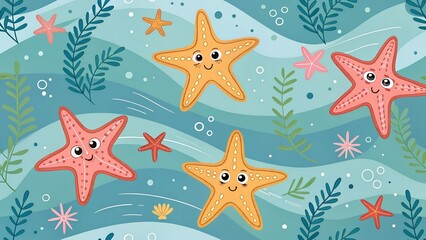 Seamless pattern with cute starfish. Summer marine background. Vector illustration. It can be used for wallpapers, wrapping, cards, patterns for clothes and other. 
