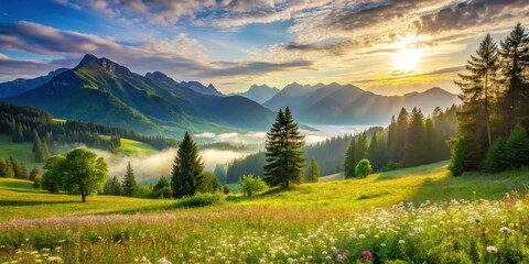 Serene Sunrise Over Verdant Valley with Misty Mountain Peaks and Blooming Meadow