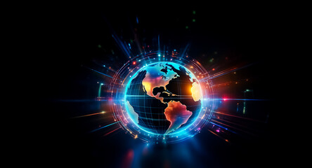 Obraz premium A luminous globe of Earth is depicted against a dark backdrop, encircled by bright lines and particles, symbolizing worldwide digital networks and modern technology.
