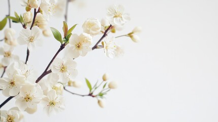 Delicate cherry blossoms in the corner of a white gray background