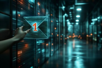 Digital communication in modern data center with glowing envelope representing message delivery
