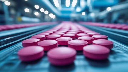 Production line showcases pink tablets being manufactured in a modern facility for healthcare applications