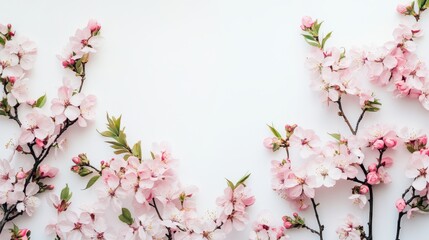 Fototapeta premium Delicate pink or peach blossoms against a white gray background