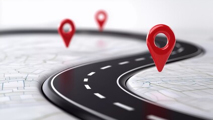 Road with red location pins marking points of interest along the route