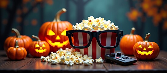 halloween movie night with popcorn and pumpkins 3d glasses