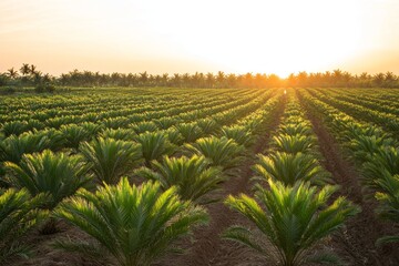 Lush Palm Tree Field Under Bright Sunset Sky Nature Landscape