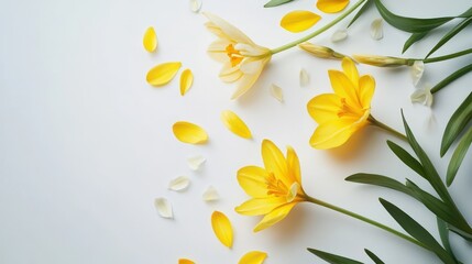 Fototapeta premium Yellow flowers scattered on a white gray background 