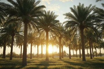 Lush Palm Tree Landscape Under Golden Sunrise Amidst Green Grass