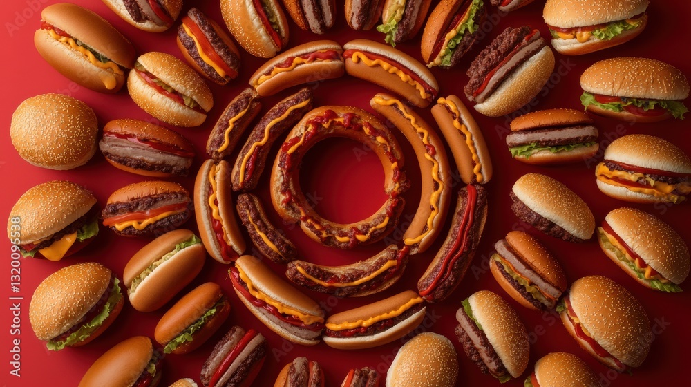 Aufkleber delicious burger and hot dog arrangement showcasing a spiral pattern with space for text designed us