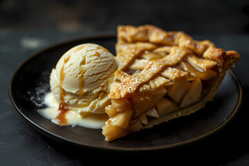 slice of apple pie served on a ceramic plate, with a scoop of vanilla ice cream