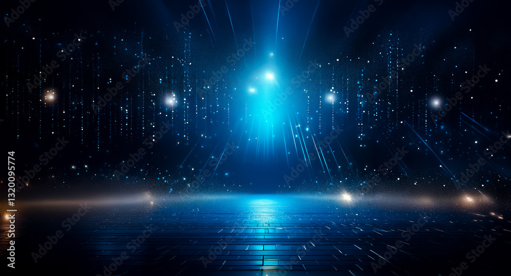 Poster abstract stage with a bright blue light source emanating from the center, with sparkling dust partic