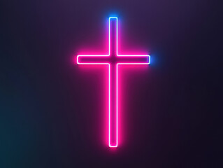 Obraz premium Neon cross illuminated in pink and blue against dark background, symbolizing faith and spirituality