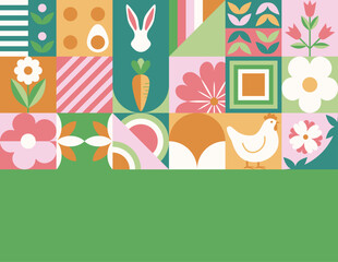 Wielkanocna pocztówka z mozaiką z świątecznymi symbolami. Wiosenny geometryczny wzór z królikiem, jajkami i kwiatami. © Monika