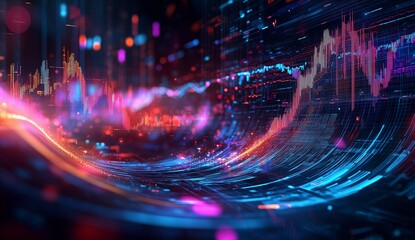 Fototapeta premium Dynamic data visualization showcasing vibrant digital wave patterns and colorful financial charts