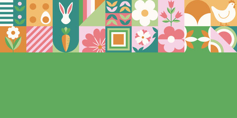 Wielkanocny baner z mozaiką z świątecznymi symbolami. Wiosenny geometryczny wzór z królikiem, jajkami i kwiatami. © Monika