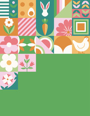 Wielkanocny baner z mozaiką z świątecznymi symbolami. Wiosenny geometryczny wzór z królikiem, jajkami i kwiatami.