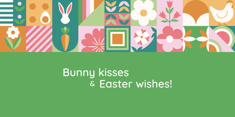 Wielkanocny baner z mozaiką z świątecznymi symbolami. Wiosenny geometryczny wzór z królikiem, jajkami i kwiatami. © Monika