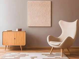 Beige armchair rests on rug near wooden cabinet and textured wall art in a minimalist room setting.