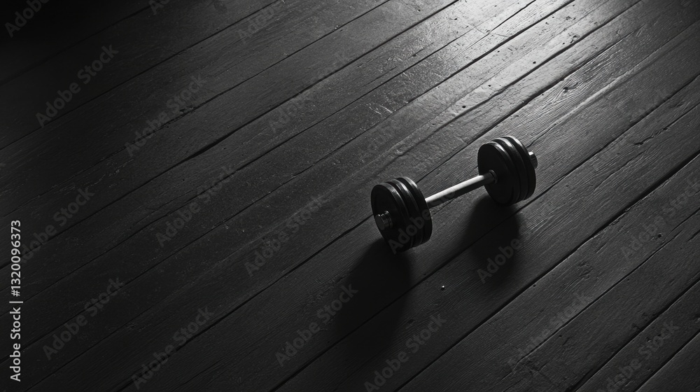 Aufkleber minimalist black and white dumbbells positioned on a textured wooden floor with diagonal lines and a