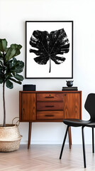 Abstract Black and White Monstera Leaf Print in Framed Square Canvas Art