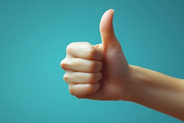 Closeup of hand with thumbs up gesture on pastel blue background minimal design