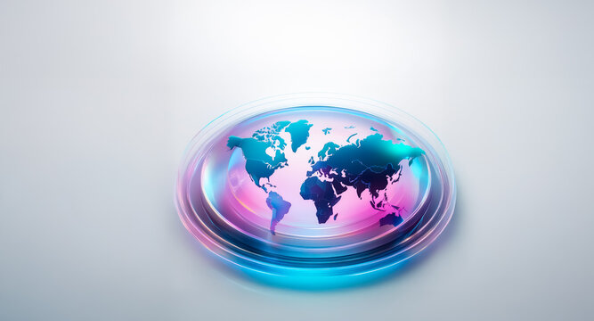 A blue and green world map is surrounded by glowing pink and blue circular rings, evoking a sense of global connectivity and modern technology on a white backdrop.