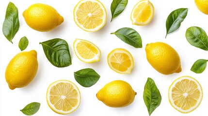 Fresh Lemons and Green Leaves on White Background for Culinary Use