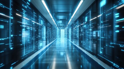 Futuristic Data Center Corridor with Glowing Blue Lights and Digital Effects Enhancing Technology Infrastructure