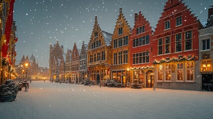 A snowy winter day shows quaint buildings along the street